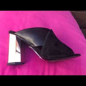 Black block heeled mules